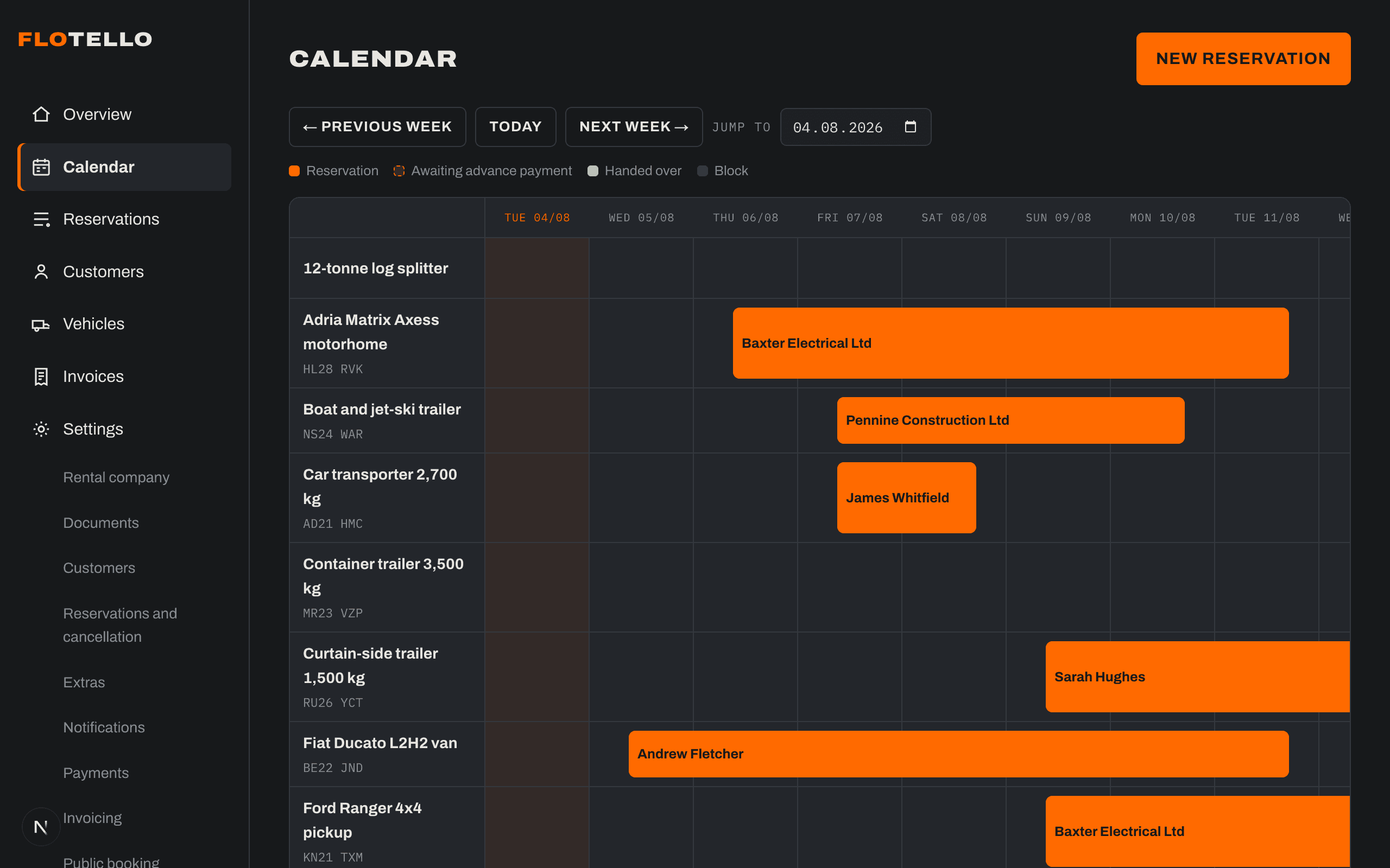 Reservations and a vehicle calendar