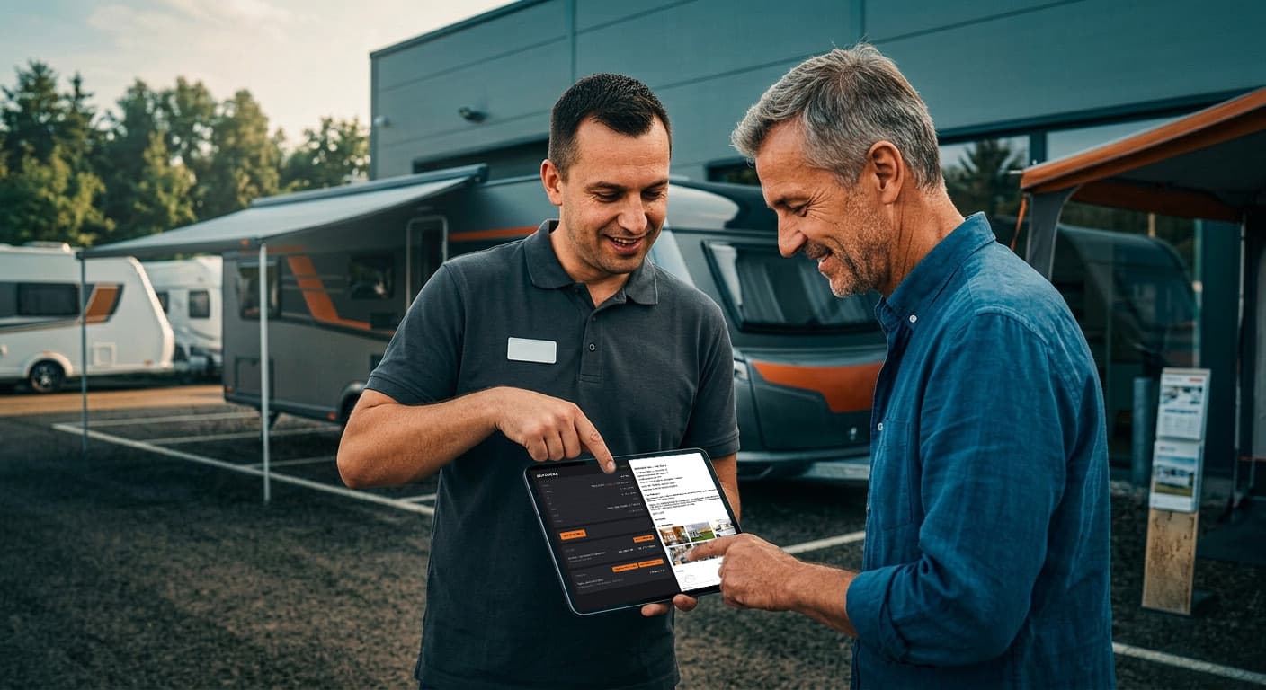 Ein Mitarbeiter des Verleihs übergibt einem Kunden ein Wohnmobil — das Übergabeprotokoll füllt er auf dem Tablet in Flotello aus.