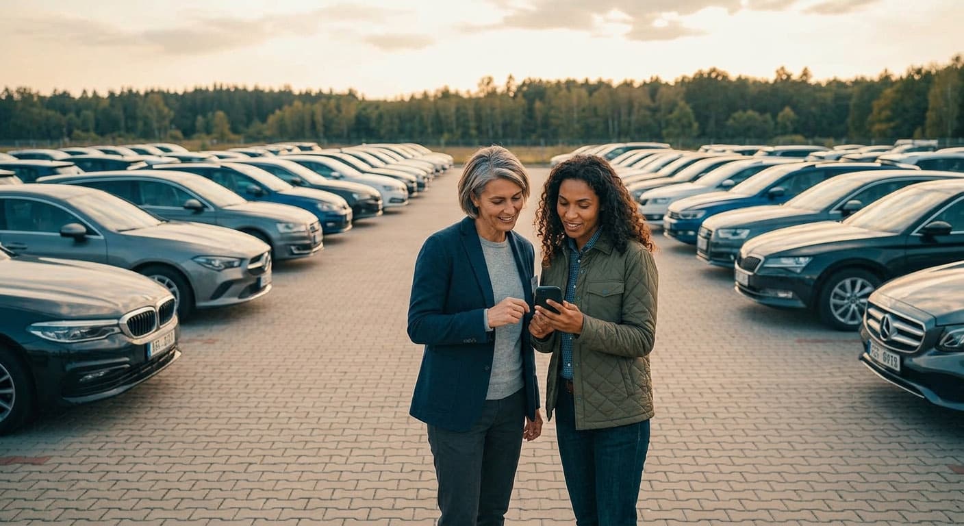 Ein Mitarbeiter einer Autovermietung zeigt einer Kundin die Reservierung am Telefon zwischen geparkten Fahrzeugen.