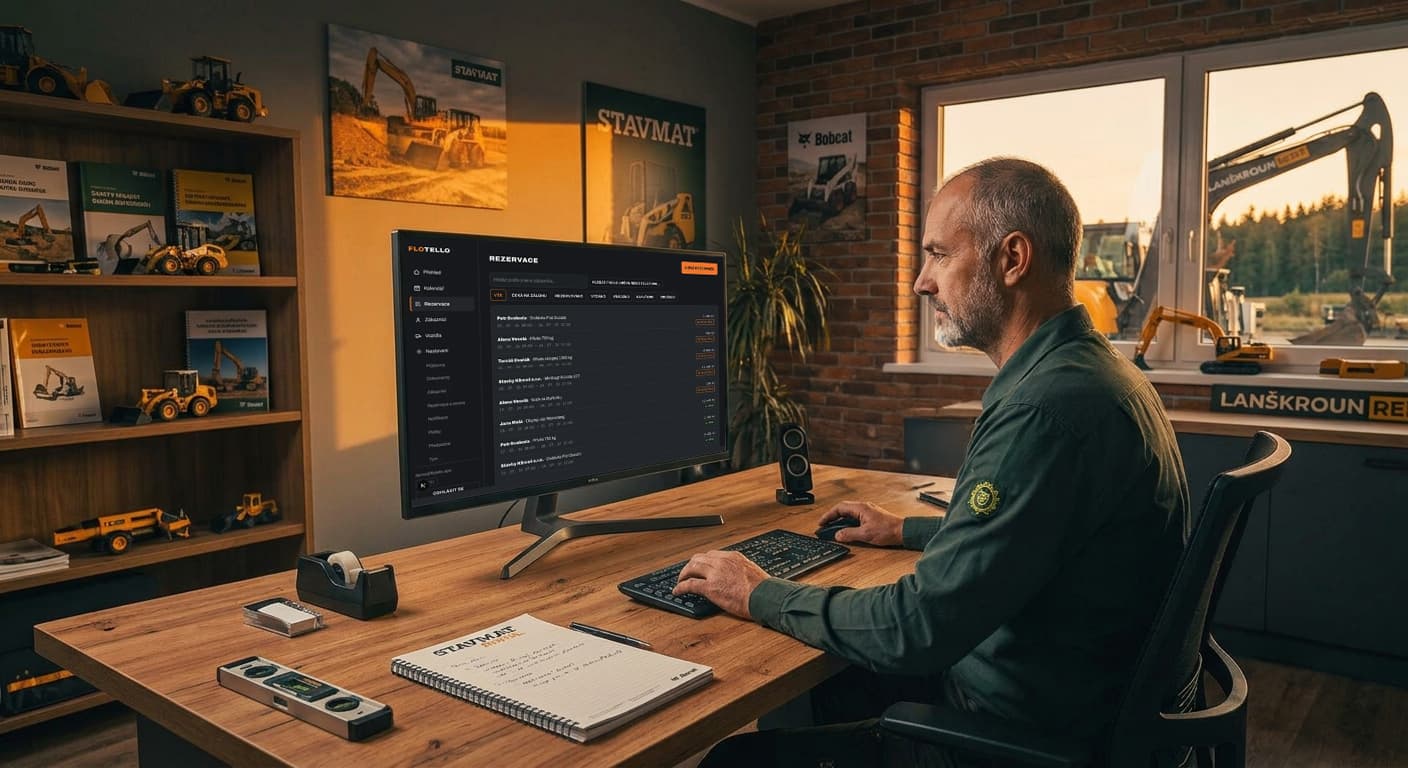 The owner of a plant rental business checks bookings in Flotello from an office overlooking the machines.